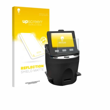 Parte frontal de un envase de producto con el logotipo de la marca upscreen. Al lado se muestra el dispositivo Kodak SCANZA co