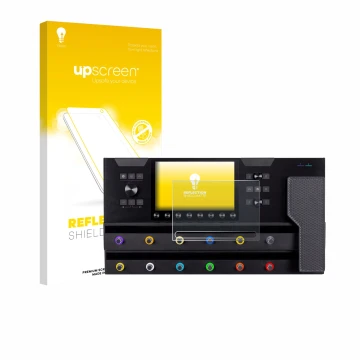 Parte frontal de un envase de producto con el logotipo de la marca upscreen. Al lado se muestra el dispositivo Line 6 Helix St