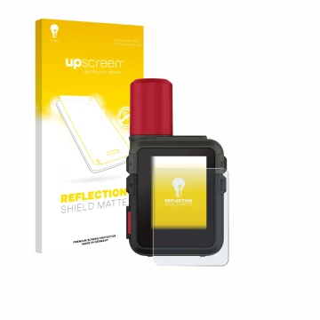 Parte frontal de un envase de producto con el logotipo de la marca upscreen. Al lado se muestra el dispositivo Garmin inReach 