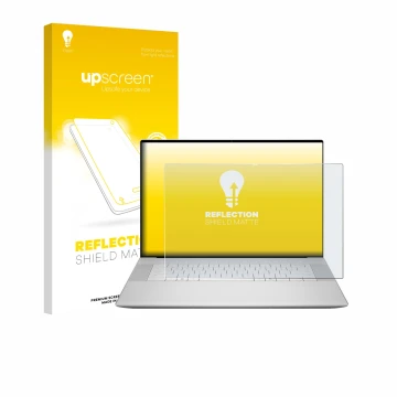 Parte frontal de un envase de producto con el logotipo de la marca upscreen. Al lado se muestra el dispositivo Dell 16 Premium