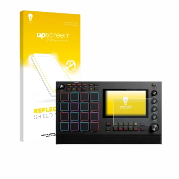Parte frontal de un envase de producto con el logotipo de la marca upscreen. Al lado se muestra el dispositivo Akai MPC Live I