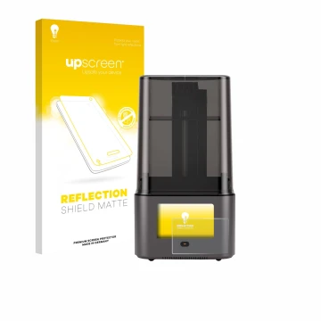 Parte frontal de un envase de producto con el logotipo de la marca upscreen. Al lado se muestra el dispositivo Anycubic Photon