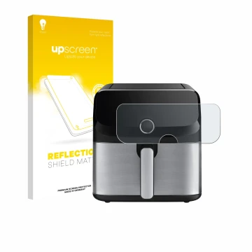 Parte frontal de un envase de producto con el logotipo de la marca upscreen. Al lado se muestra el dispositivo Tefal Easy Fry 