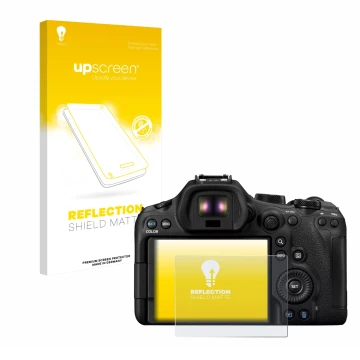 Parte frontal de un envase de producto con el logotipo de la marca upscreen. Al lado se muestra el dispositivo Canon EOS R6 Ma