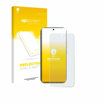 Parte frontal de un envase de producto con el logotipo de la marca upscreen. Al lado se muestra el dispositivo Vivo S50 con su