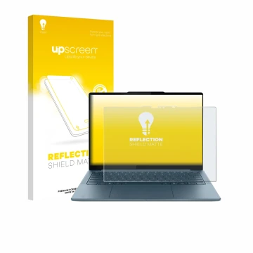 Parte frontal de un envase de producto con el logotipo de la marca upscreen. Al lado se muestra el dispositivo Lenovo Yoga Sli