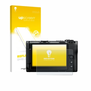 Parte frontal de un envase de producto con el logotipo de la marca upscreen. Al lado se muestra el dispositivo Nikon ZR 2025 c