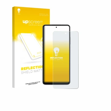 Parte frontal de un envase de producto con el logotipo de la marca upscreen. Al lado se muestra el dispositivo Oppo K13x con s