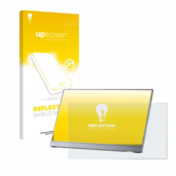 Parte frontal de un envase de producto con el logotipo de la marca upscreen. Al lado se muestra el dispositivo Arzopa Z3FC 16.