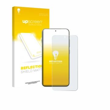 Parte frontal de un envase de producto con el logotipo de la marca upscreen. Al lado se muestra el dispositivo OnePlus 13T con