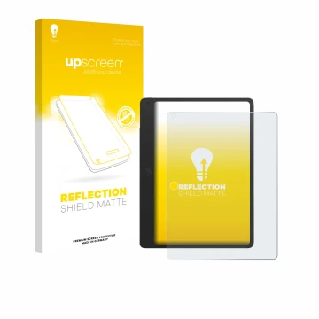 Parte frontal de un envase de producto con el logotipo de la marca upscreen. Al lado se muestra el dispositivo TCL Note A1 con