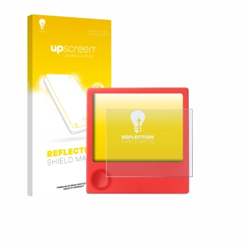 Parte frontal de un envase de producto con el logotipo de la marca upscreen. Al lado se muestra el dispositivo PicPak E-Ink Di