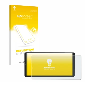 Parte frontal de un envase de producto con el logotipo de la marca upscreen. Al lado se muestra el dispositivo Shelly Wall Dis