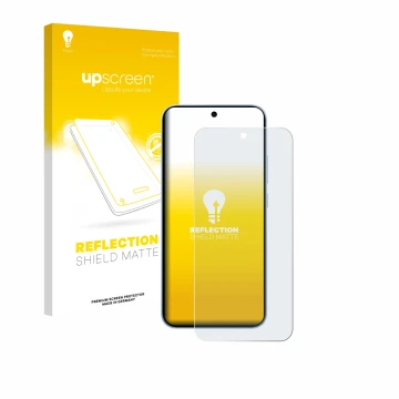 Parte frontal de un envase de producto con el logotipo de la marca upscreen. Al lado se muestra el dispositivo Oppo Reno 15 FS