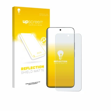 Parte frontal de un envase de producto con el logotipo de la marca upscreen. Al lado se muestra el dispositivo realme C85 con 