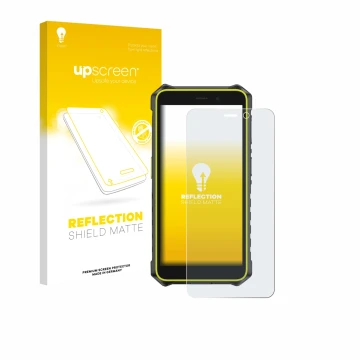 Parte frontal de un envase de producto con el logotipo de la marca upscreen. Al lado se muestra el dispositivo Ulefone RugKing
