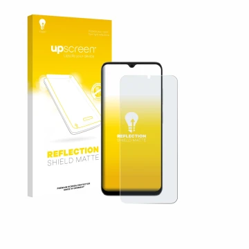Parte frontal de un envase de producto con el logotipo de la marca upscreen. Al lado se muestra el dispositivo Doogee Note 56X