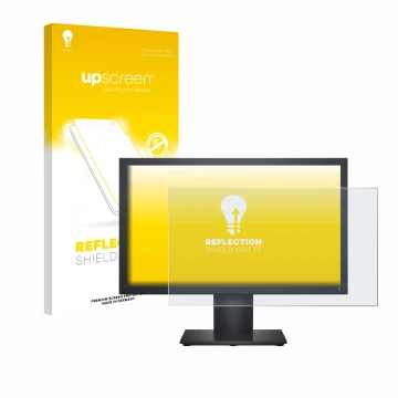 Parte frontal de un envase de producto con el logotipo de la marca upscreen. Al lado se muestra el dispositivo Dell E1920H con
