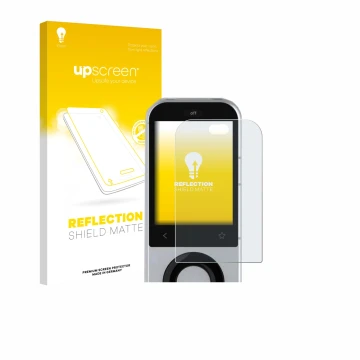 Parte frontal de un envase de producto con el logotipo de la marca upscreen. Al lado se muestra el dispositivo Sofabaton X2 co