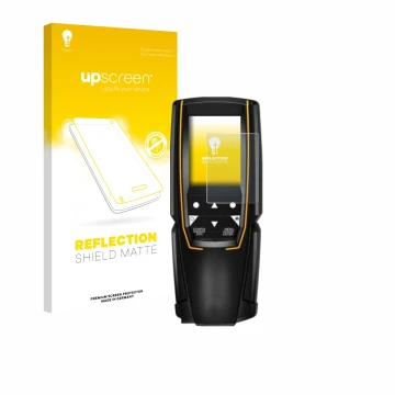 Parte frontal de un envase de producto con el logotipo de la marca upscreen. Al lado se muestra el dispositivo Testo 310 (2da 