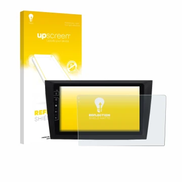 Parte frontal de un envase de producto con el logotipo de la marca upscreen. Al lado se muestra el dispositivo Dynavin D8-DF31