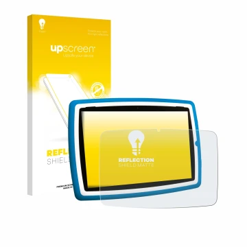 Parte frontal de un envase de producto con el logotipo de la marca upscreen. Al lado se muestra el dispositivo Lisciani Mio Ta