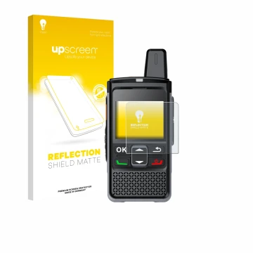 Parte frontal de un envase de producto con el logotipo de la marca upscreen. Al lado se muestra el dispositivo Hytera PNC360S 