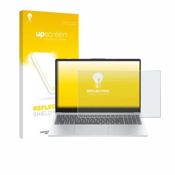 Parte frontal de un envase de producto con el logotipo de la marca upscreen. Al lado se muestra el dispositivo HP OmniBook 3 1