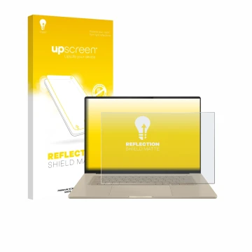 Parte frontal de un envase de producto con el logotipo de la marca upscreen. Al lado se muestra el dispositivo ASUS ZenBook A1
