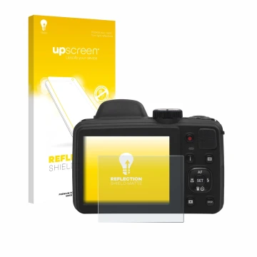 Parte frontal de un envase de producto con el logotipo de la marca upscreen. Al lado se muestra el dispositivo Kodak Pixpro AZ