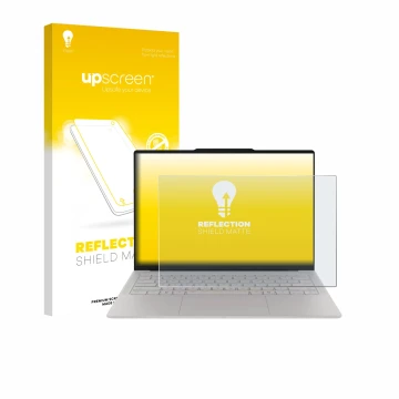 Parte frontal de un envase de producto con el logotipo de la marca upscreen. Al lado se muestra el dispositivo Lenovo Yoga Sli