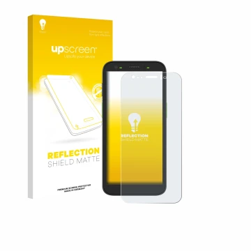 Parte frontal de un envase de producto con el logotipo de la marca upscreen. Al lado se muestra el dispositivo Zebra TC501 con