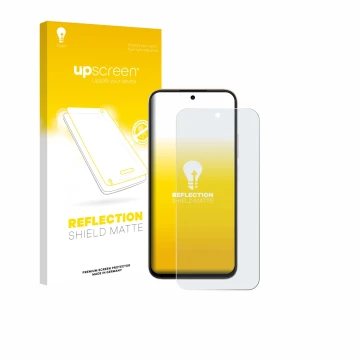 Parte frontal de un envase de producto con el logotipo de la marca upscreen. Al lado se muestra el dispositivo Oppo A6t 4G con