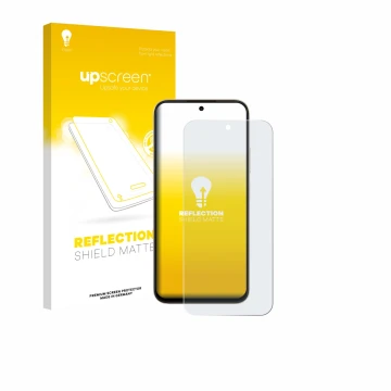 Parte frontal de un envase de producto con el logotipo de la marca upscreen. Al lado se muestra el dispositivo Oppo A6t Pro co