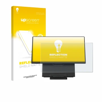 Parte frontal de un envase de producto con el logotipo de la marca upscreen. Al lado se muestra el dispositivo Blackview Table