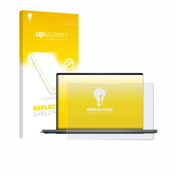 Parte frontal de un envase de producto con el logotipo de la marca upscreen. Al lado se muestra el dispositivo Dell XPS 14 DA1