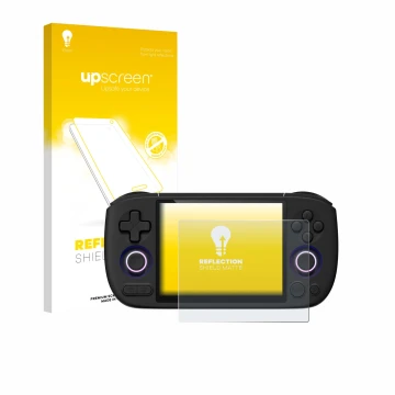 Parte frontal de un envase de producto con el logotipo de la marca upscreen. Al lado se muestra el dispositivo Ayaneo Pocket A