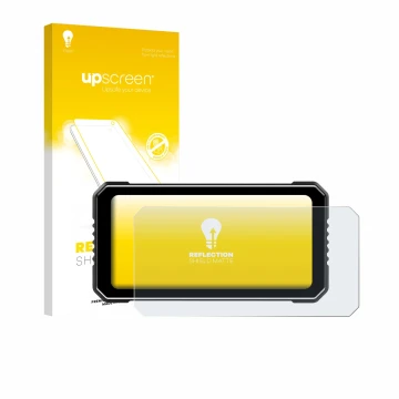 Parte frontal de un envase de producto con el logotipo de la marca upscreen. Al lado se muestra el dispositivo Vtopek MT26 6.2