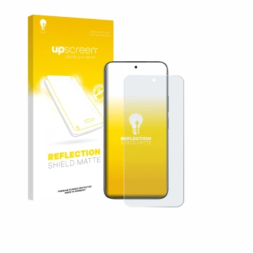Parte frontal de un envase de producto con el logotipo de la marca upscreen. Al lado se muestra el dispositivo realme C85 Pro 