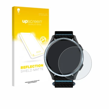 Parte frontal de un envase de producto con el logotipo de la marca upscreen. Al lado se muestra el dispositivo Garmin Approach