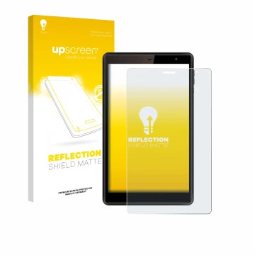 Parte frontal de un envase de producto con el logotipo de la marca upscreen. Al lado se muestra el dispositivo Logicom Tab 80 