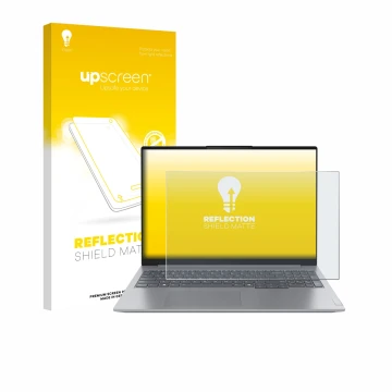 Parte frontal de un envase de producto con el logotipo de la marca upscreen. Al lado se muestra el dispositivo Lenovo ThinkBoo