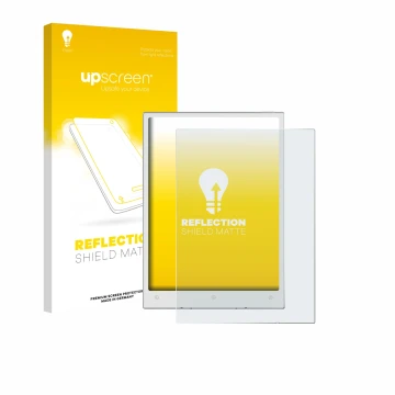 Parte frontal de un envase de producto con el logotipo de la marca upscreen. Al lado se muestra el dispositivo Viwoods AiPaper