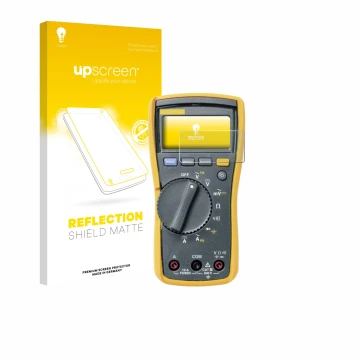 Parte frontal de un envase de producto con el logotipo de la marca upscreen. Al lado se muestra el dispositivo Fluke 115 con s