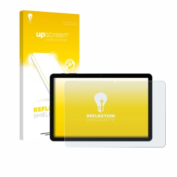 Parte frontal de un envase de producto con el logotipo de la marca upscreen. Al lado se muestra el dispositivo Doogee Tab G5 c