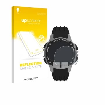 Parte frontal de un envase de producto con el logotipo de la marca upscreen. Al lado se muestra el dispositivo Timex Ironman T
