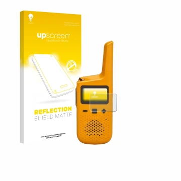 Parte frontal de un envase de producto con el logotipo de la marca upscreen. Al lado se muestra el dispositivo Motorola Talkab