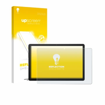 Parte frontal de un envase de producto con el logotipo de la marca upscreen. Al lado se muestra el dispositivo Sunmi CPad 11