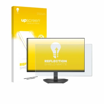 Parte frontal de un envase de producto con el logotipo de la marca upscreen. Al lado se muestra el dispositivo Dell 24 SE2426H
