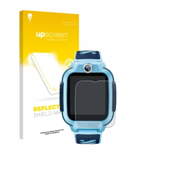 Parte frontal de un envase de producto con el logotipo de la marca upscreen. Al lado se muestra el dispositivo Imoo Watch Phon